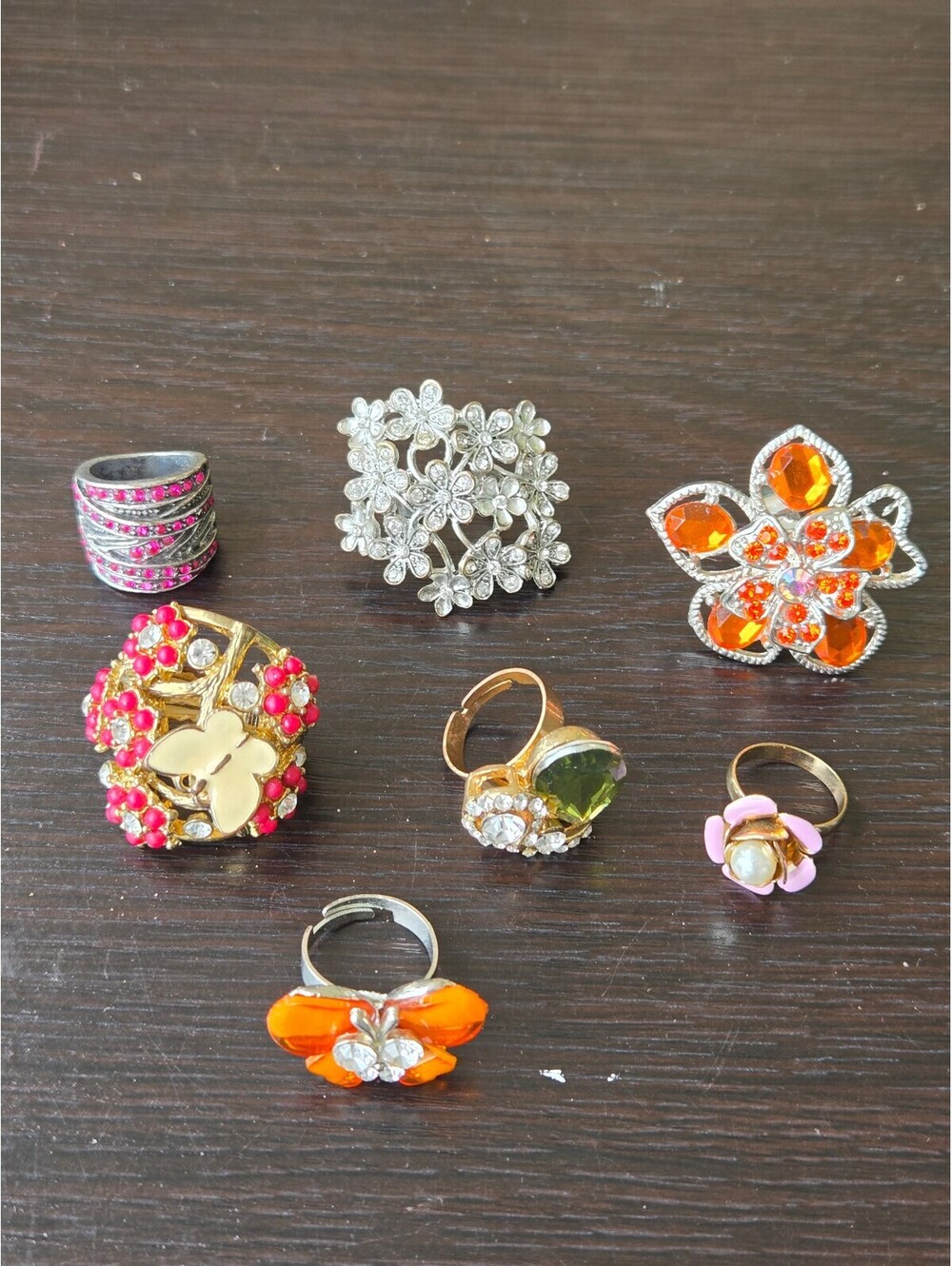 Statement Rings Lot of 7 Floral Rhinestone Butterfly Adjustable Costume Jewelry